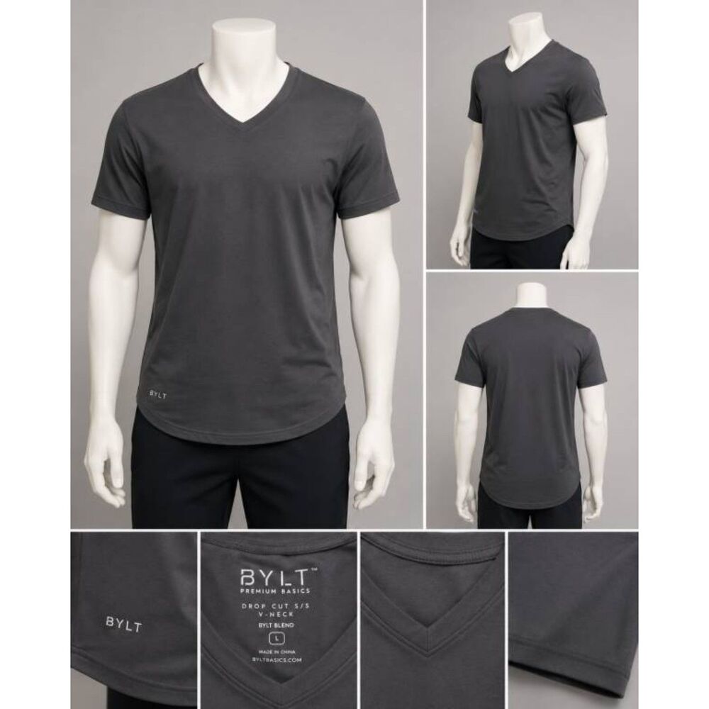 BYLT Premium Basics Drop Cut V-Neck T-Shirt Men's Large Dark Gray